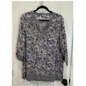 Sigrid Olsen L Linen Navy & White Paisley Floral Tunic V-Neck 3/4 Sleeves EUC